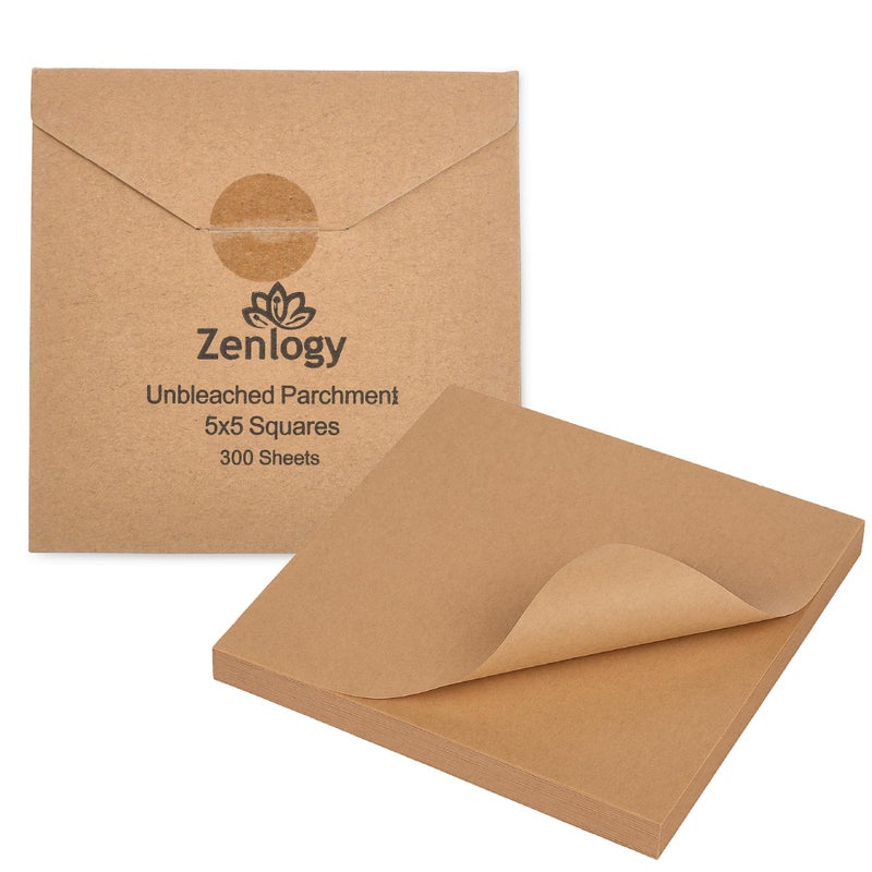 Zenlogy 5x5 Small Parchment Squares (300 sheets) - Unbleached, Non-stick, Pre-cut Parchment Paper- Ideal for Candy Wrappers, Liner Paper, Freezing and Storing, Separating, and Diamond Painting - Image 1